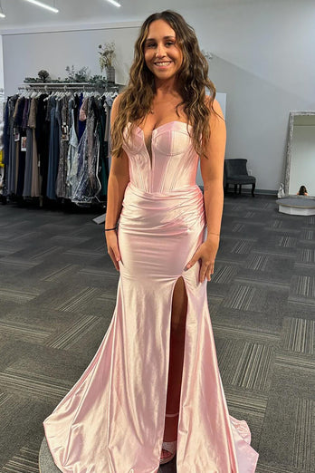 Light Pink Sweetheart Satin Long Corset Prom Dress with Slit