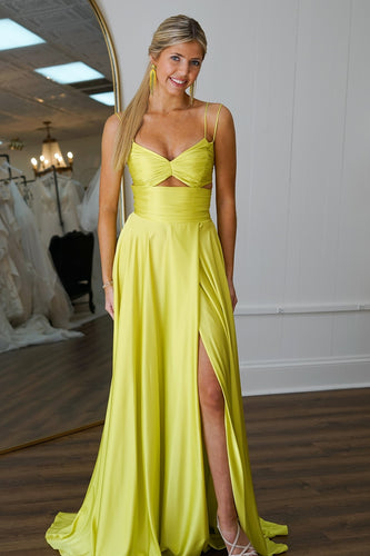 Yellow A Line Spaghetti Straps Long Formal Dress with Slit