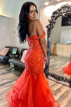 Sparkly Orange Floral Mermaid Corset Long Formal Dress