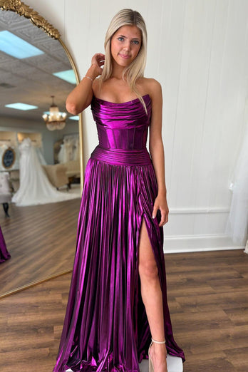 Metallic Dark Purple A Line Corset Long Formal Dress with Slit