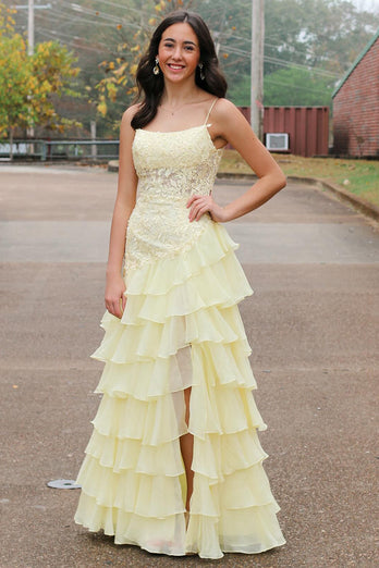 Yellow A Line Corset Tiered Long Chiffon Formal Dress with Slit