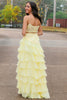 Load image into Gallery viewer, Yellow A Line Corset Tiered Long Chiffon Formal Dress with Slit