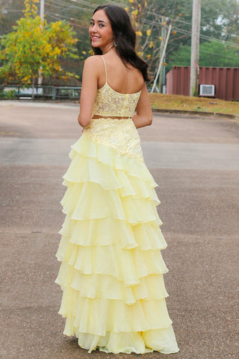 Yellow A Line Corset Tiered Long Chiffon Formal Dress with Slit