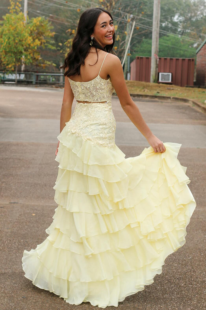 Load image into Gallery viewer, Yellow A Line Corset Tiered Long Chiffon Formal Dress with Slit