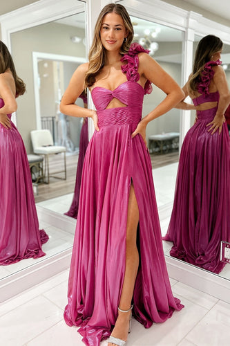 Sparkly Fuchsia One Shoulder A Line Long Formal Dress