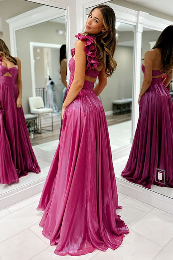 Sparkly Fuchsia One Shoulder A Line Long Formal Dress