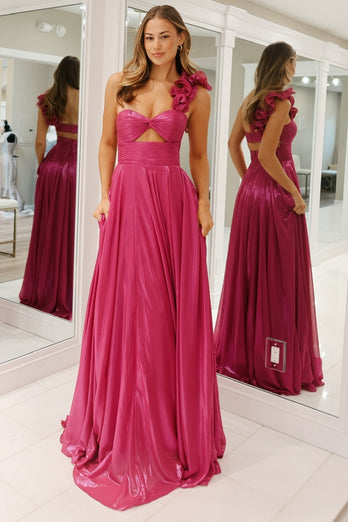 Sparkly Fuchsia One Shoulder A Line Long Formal Dress