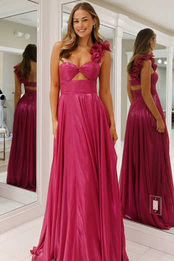 Sparkly Fuchsia One Shoulder A Line Long Formal Dress