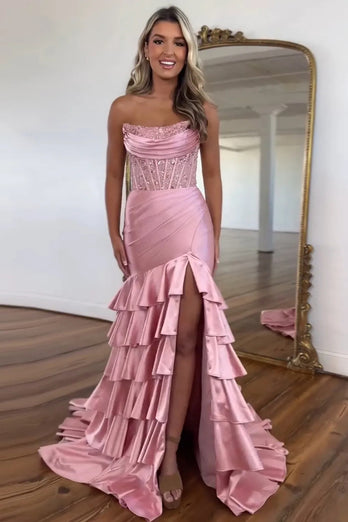 Sparkly Blush Corset Strapless Tiered Long Formal Dress with Slit