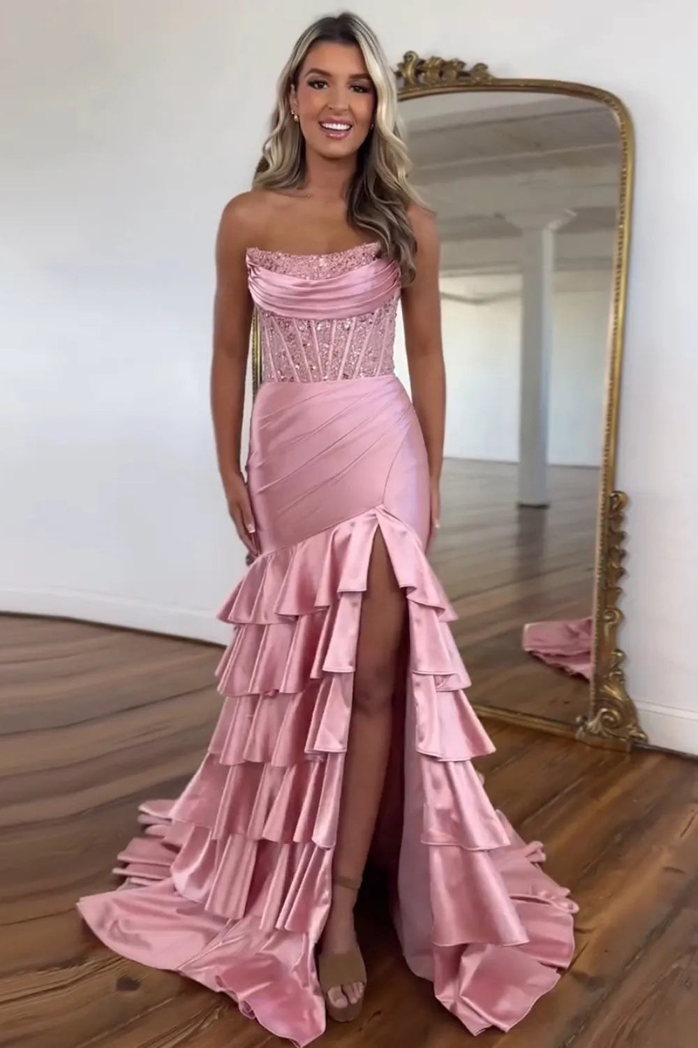 Sparkly Blush Corset Strapless Tiered Long Formal Dress with Slit