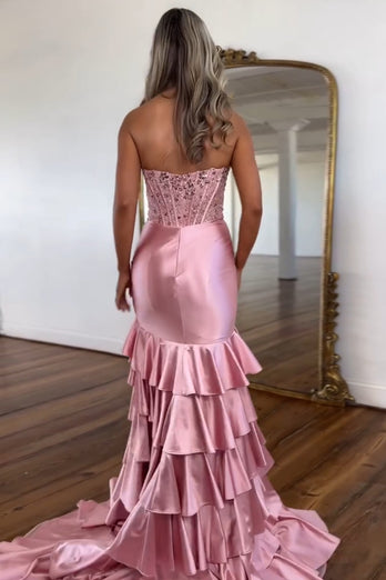 Sparkly Blush Corset Strapless Tiered Long Formal Dress with Slit