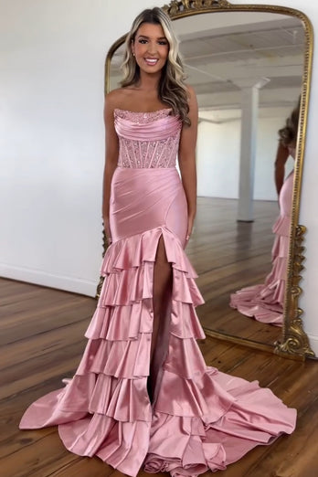 Sparkly Blush Corset Strapless Tiered Long Formal Dress with Slit