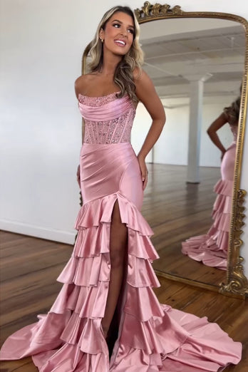 Sparkly Blush Corset Strapless Tiered Long Formal Dress with Slit