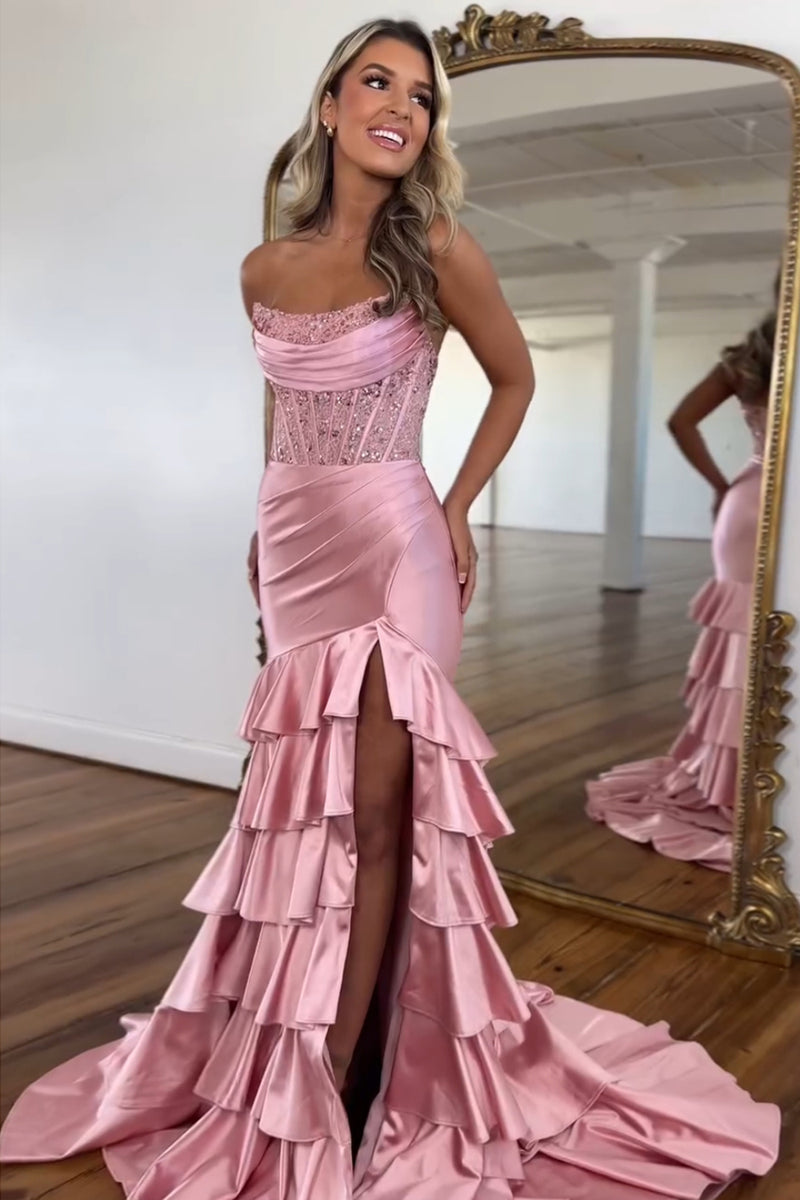 Load image into Gallery viewer, Sparkly Blush Corset Strapless Tiered Long Formal Dress with Slit