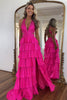 Load image into Gallery viewer, Sparkly Fuchsia Beaded Halter Tiered Long Formal Dress with Slit