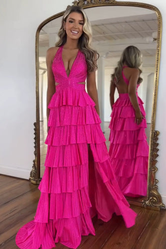 Sparkly Fuchsia Beaded Halter Tiered Long Formal Dress with Slit