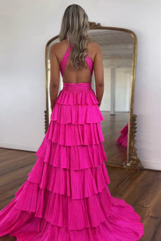 Sparkly Fuchsia Beaded Halter Tiered Long Formal Dress with Slit