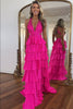 Load image into Gallery viewer, Sparkly Fuchsia Beaded Halter Tiered Long Formal Dress with Slit