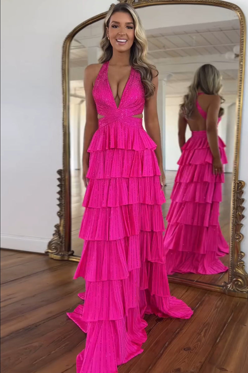 Load image into Gallery viewer, Sparkly Fuchsia Beaded Halter Tiered Long Formal Dress with Slit