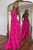 Load image into Gallery viewer, Sparkly Fuchsia Beaded Halter Tiered Long Formal Dress with Slit