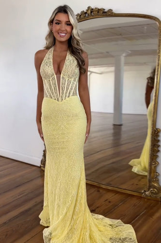 Floral Yellow Corset Mermaid Halter Long Formal Dress with Lace