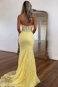 Floral Yellow Corset Mermaid Halter Long Formal Dress with Lace