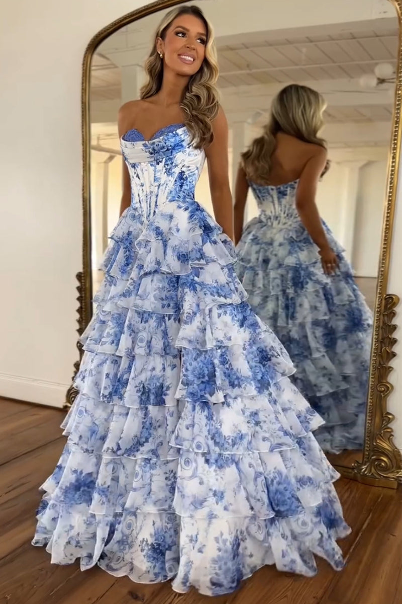 Load image into Gallery viewer, White Blue Flower Corset Sweetheart Tiered Long Formal Dress