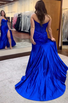 Sparkly Royal Blue Beaded Corset Long Formal Dress with Slit