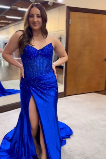 Sparkly Royal Blue Beaded Corset Long Formal Dress with Slit