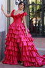 Load image into Gallery viewer, Fuchsia A Line Corset Tiered Off the Shoulder Long Formal Dress with Slit