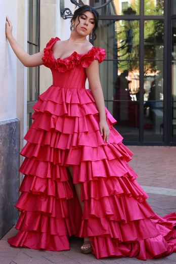 Fuchsia A Line Corset Tiered Off the Shoulder Long Formal Dress with Slit