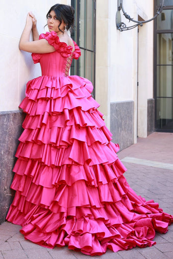 Fuchsia A Line Corset Tiered Off the Shoulder Long Formal Dress with Slit