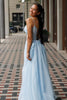 Load image into Gallery viewer, Floral Light Blue Corset Spaghetti Straps Long Formal Dress