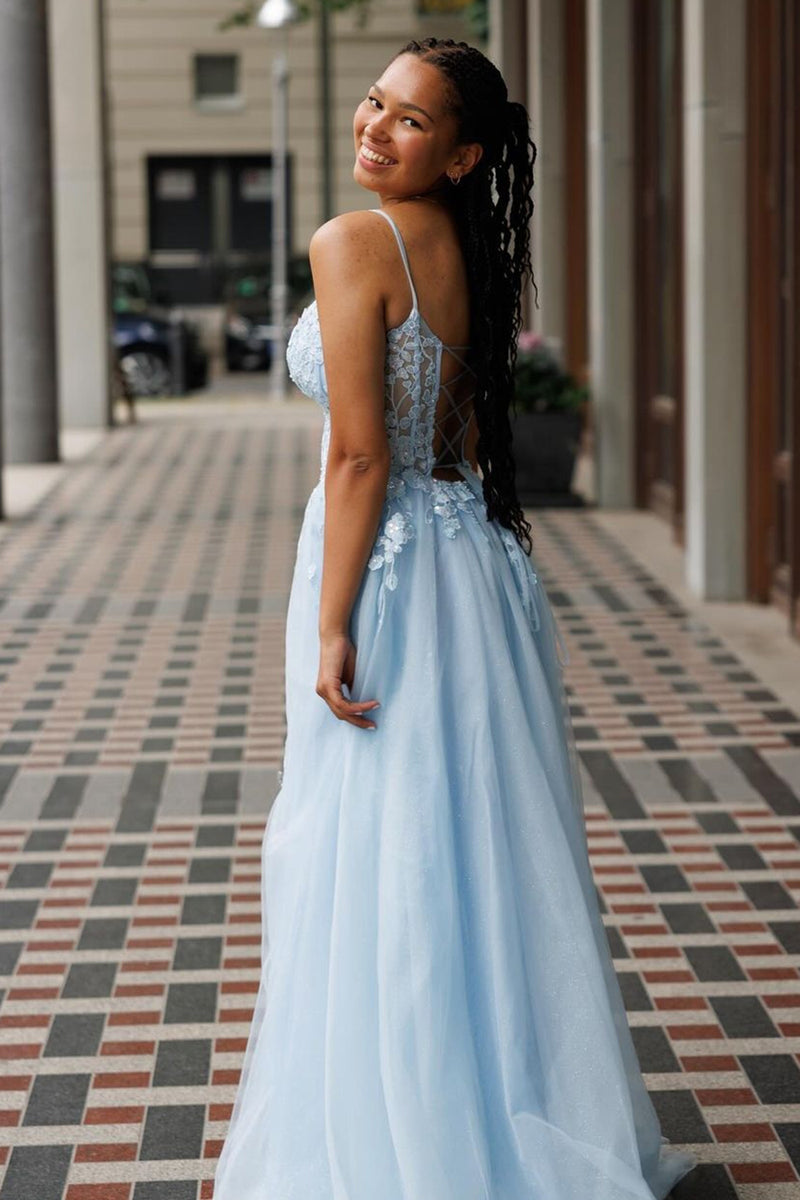 Load image into Gallery viewer, Floral Light Blue Corset Spaghetti Straps Long Formal Dress