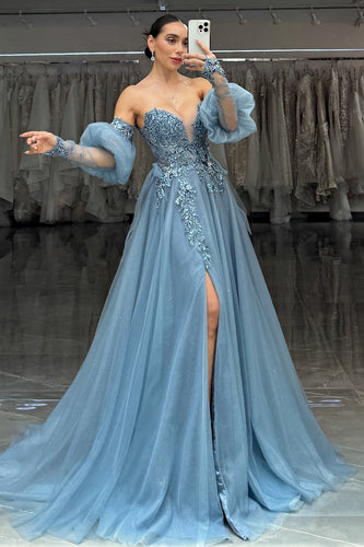 Sparkly Grey Blue Corset Strapless Long Formal Dress with Slit