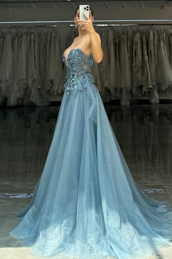 Sparkly Grey Blue Corset Strapless Long Formal Dress with Slit