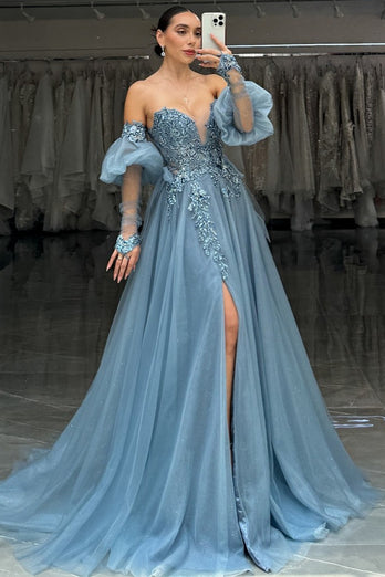 Sparkly Grey Blue Corset Strapless Long Formal Dress with Slit