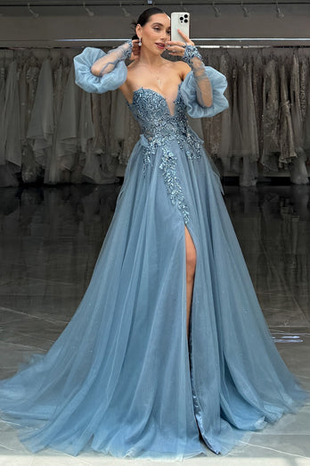 Sparkly Grey Blue Corset Strapless Long Formal Dress with Slit