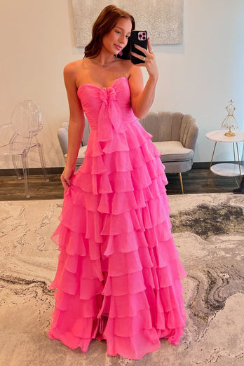 Fuchsia A Line Sweetheart Tiered Chiffon Long Formal Dress with Slit