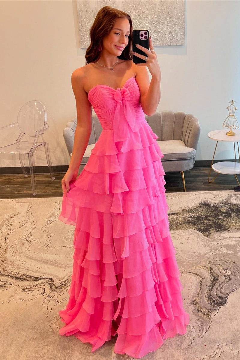 Load image into Gallery viewer, Fuchsia A Line Sweetheart Tiered Chiffon Long Formal Dress with Slit