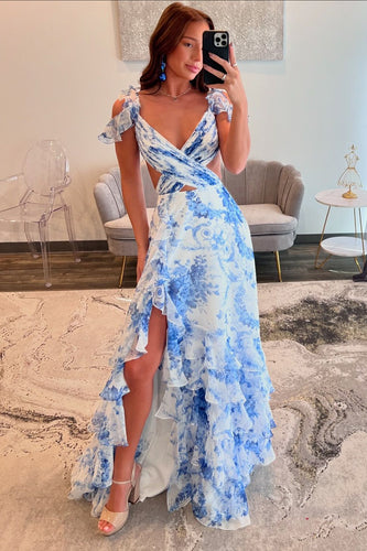 White Blue Flower Printed V-Neck A-Line Chiffon Tiered Long Formal Dress with Slit