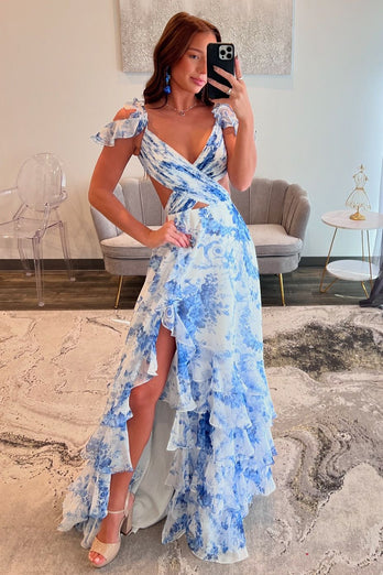 White Blue Flower Printed V-Neck A-Line Chiffon Tiered Long Formal Dress with Slit