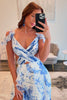 Load image into Gallery viewer, White Blue Flower Printed V-Neck A-Line Chiffon Tiered Long Formal Dress with Slit