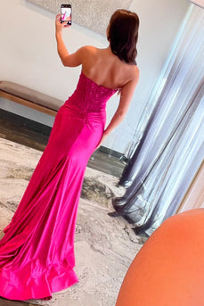 Sparkly Fuchsia Corset Strapless Mermaid Long Formal Dress with Slit