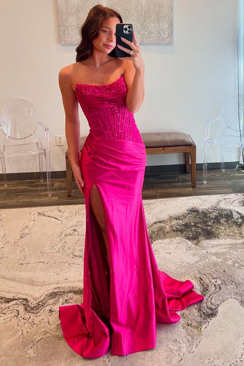 Sparkly Fuchsia Corset Strapless Mermaid Long Formal Dress with Slit