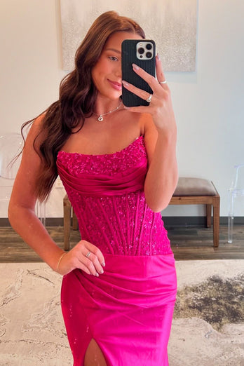 Sparkly Fuchsia Corset Strapless Mermaid Long Formal Dress with Slit