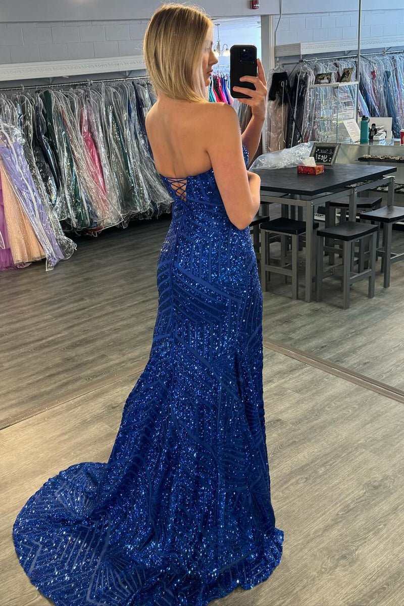 Load image into Gallery viewer, Sparkly Royal Blue Sequin Strapless Long Formal Dress with Slit