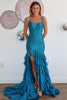 Load image into Gallery viewer, Sparkly Blue Beaded Spaghetti Straps Tiered Long Formal Dress with Slit