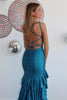 Load image into Gallery viewer, Sparkly Blue Beaded Spaghetti Straps Tiered Long Formal Dress with Slit