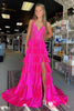 Load image into Gallery viewer, Sparkly Fuchsia Beaded Tiered Spaghetti Straps Long Formal Dress with Slit